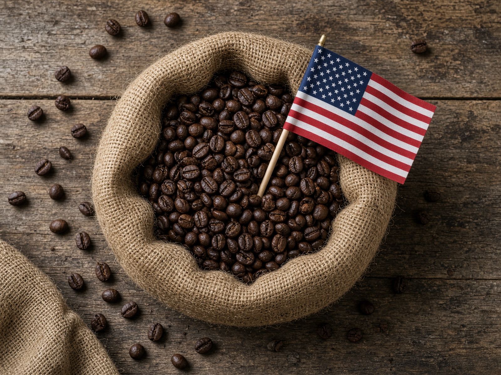 Roasted coffee beans in burlap with a small American flag