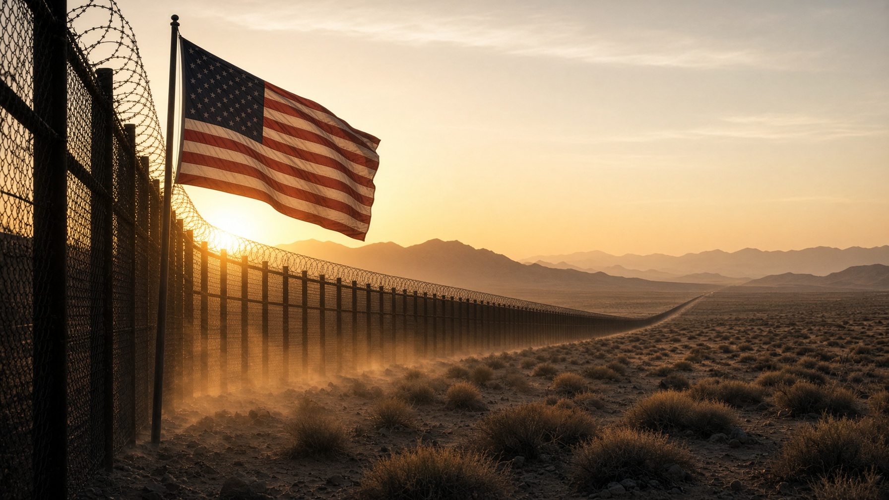 Desert border fence at sunrise with an American flag in the foreground