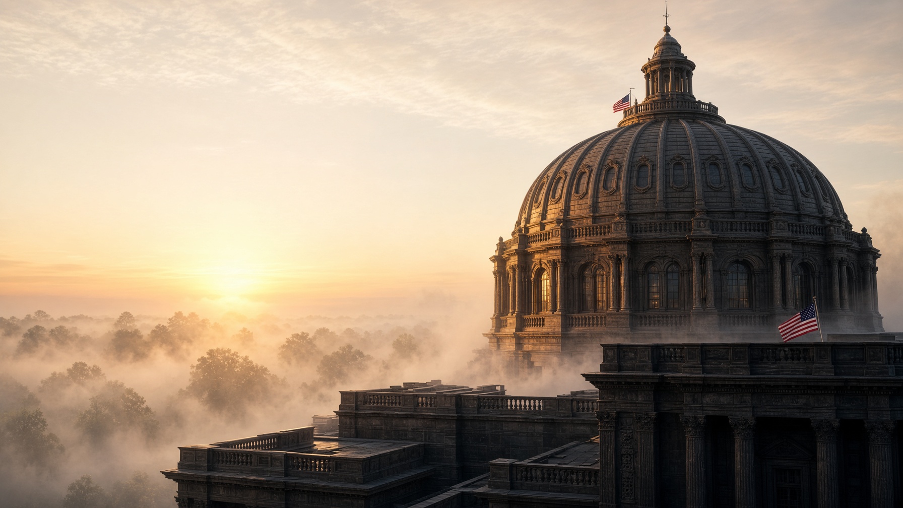 U.S. Capitol dome at sunrise in morning fog