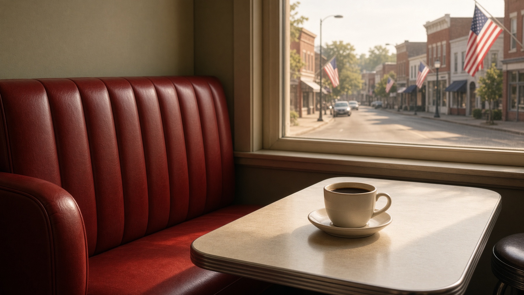 Red vinyl diner booth looking out on a flagged Main Street