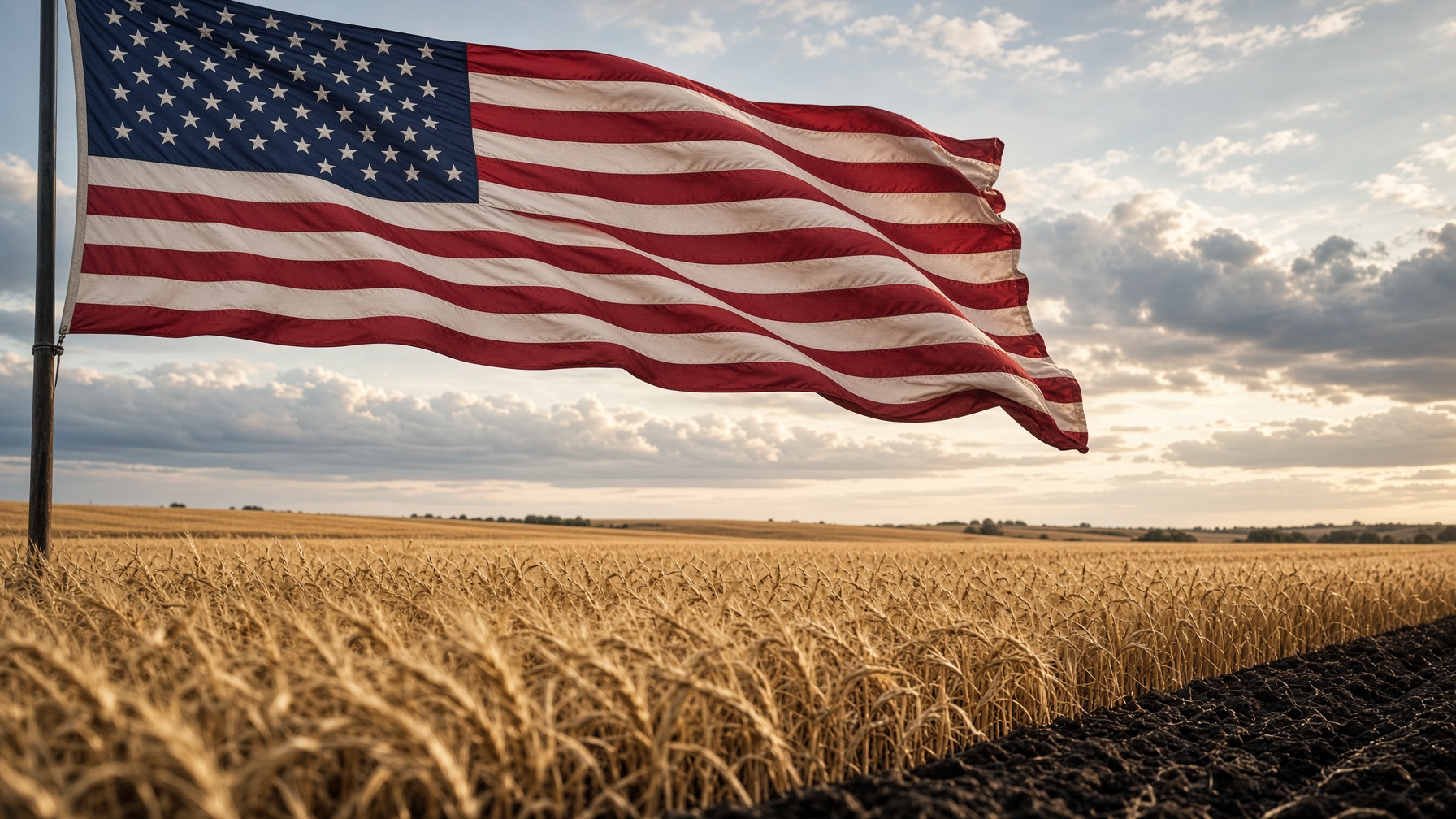 Wheat field under a large American flag in golden light