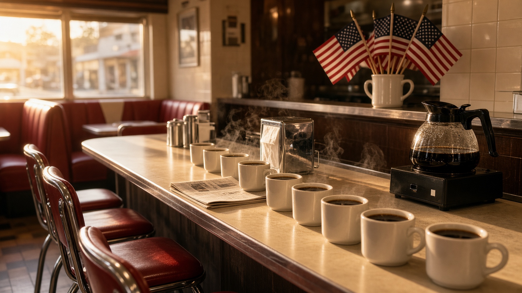 American diner counter with steaming coffee and flags