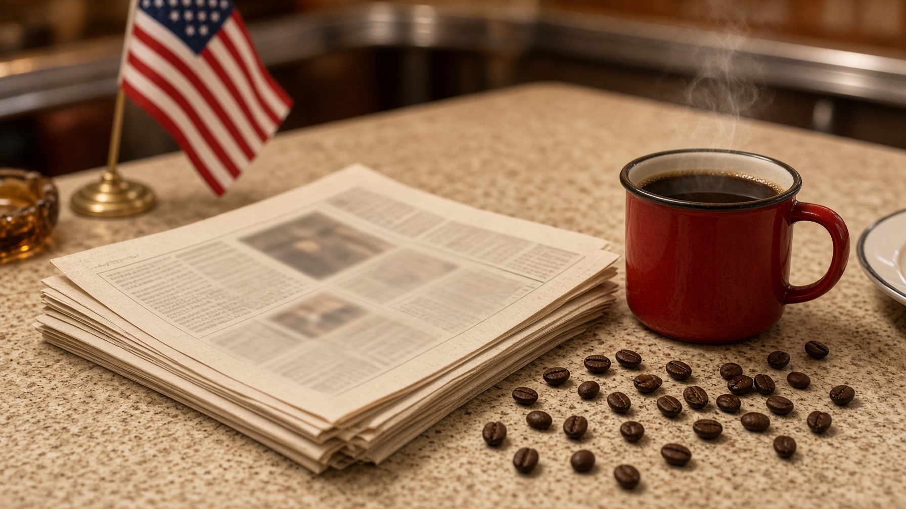 Newspaper and a red diner mug of coffee on a wooden table
