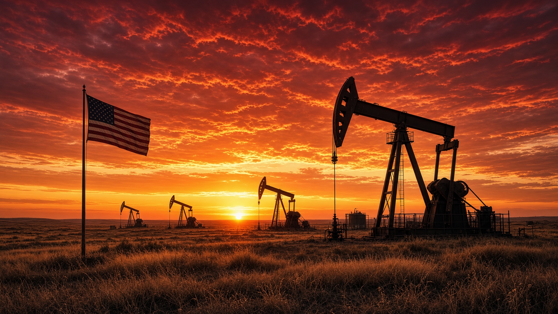Oil pumpjacks on a prairie at sunset with an American flag
