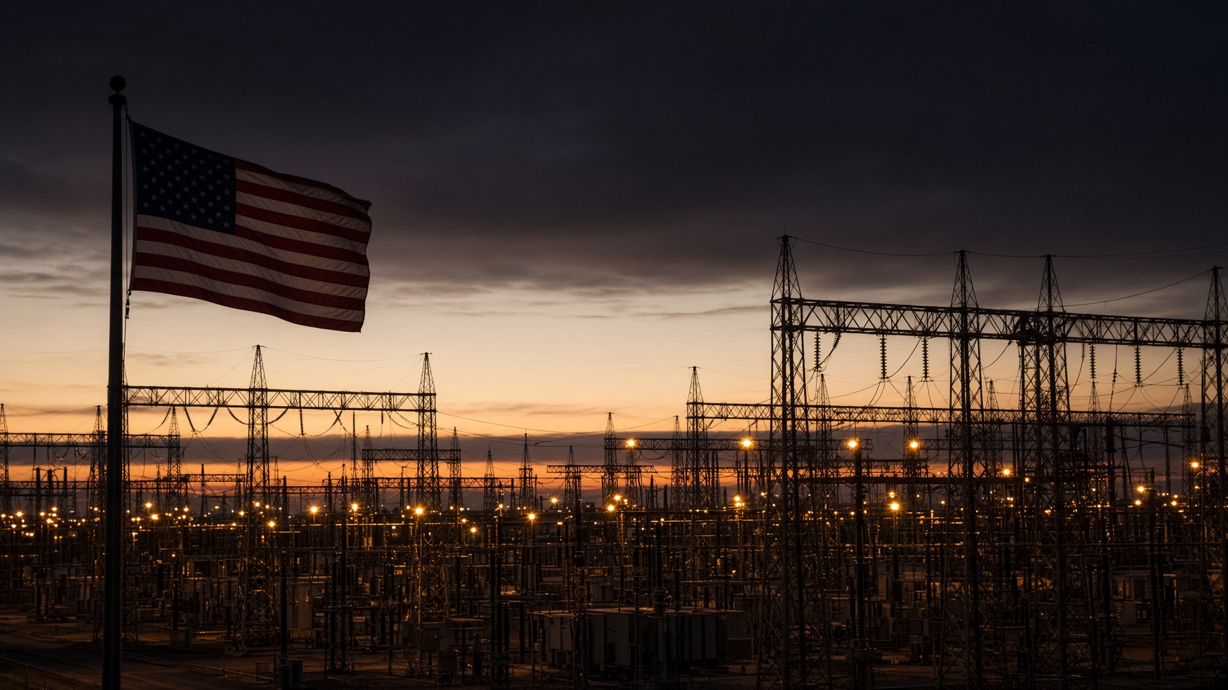 American electrical substation at dusk with a flag in the foreground