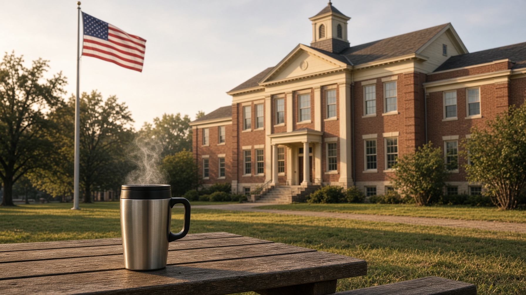 American brick schoolhouse with a flagpole and a travel coffee mug