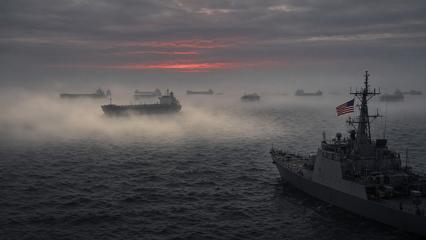 Cargo ships on a gray ocean at dusk with an American flag on a cutter