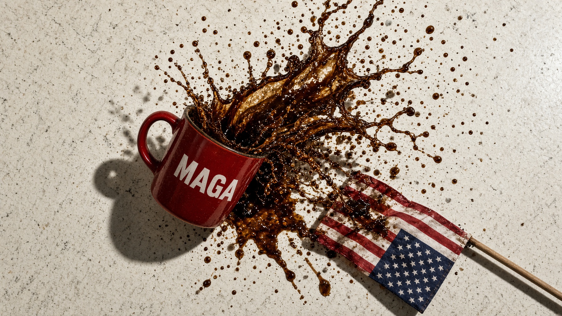 Coffee splashing from a red diner mug onto a cream counter
