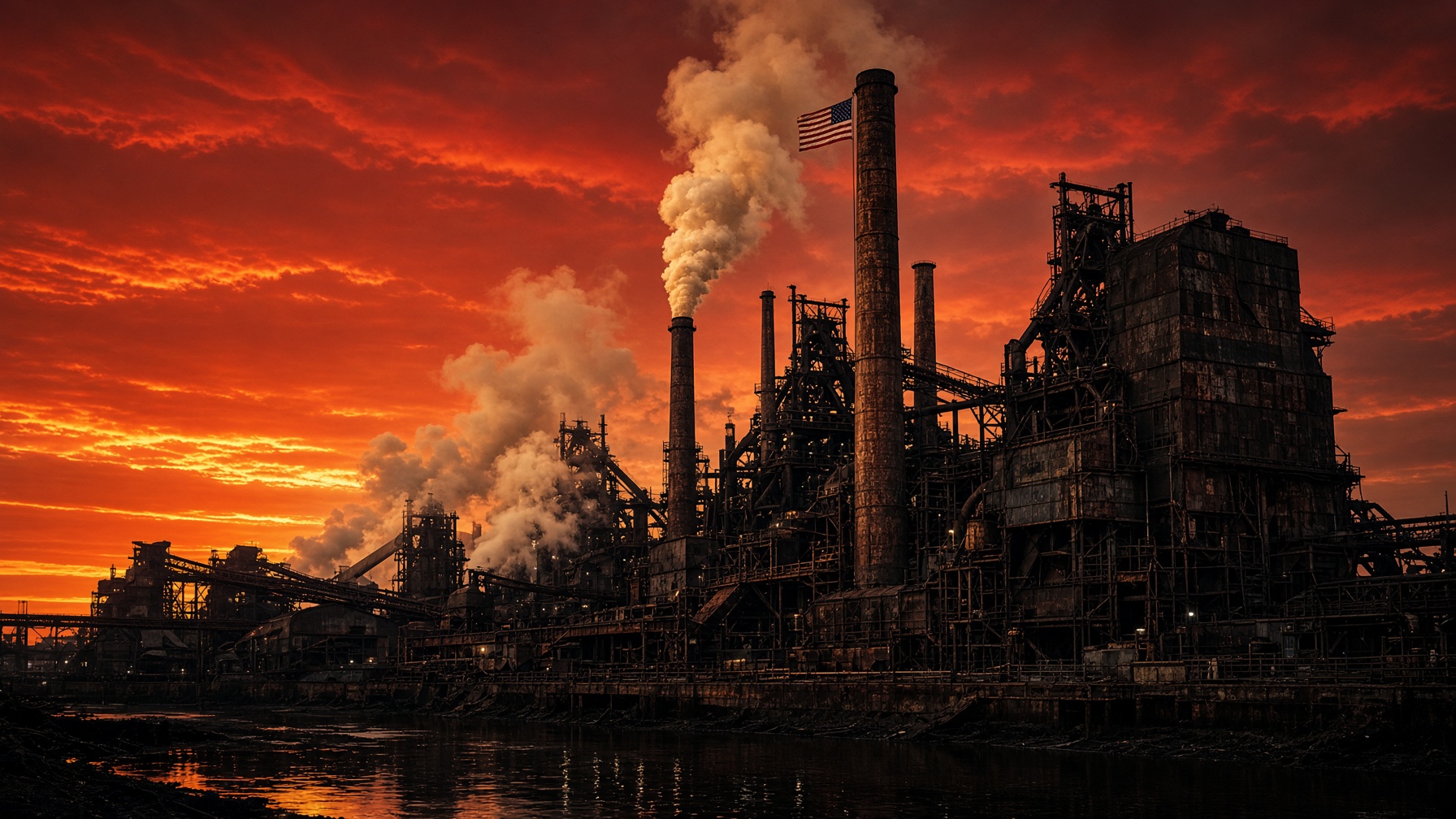 American steel mill at golden hour with a flag on the stack